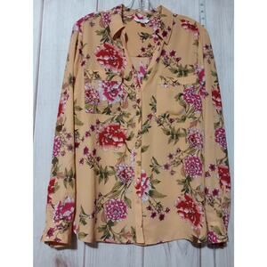 Candie's Shirt Womens Large Yellow Red Floral Chiffon Semi Sheer Button Up Top